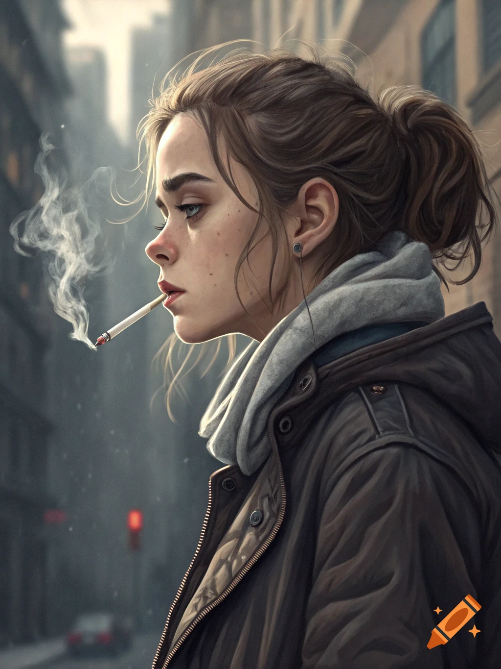 Close-up portrait of a young woman smoking a cigarette in a city