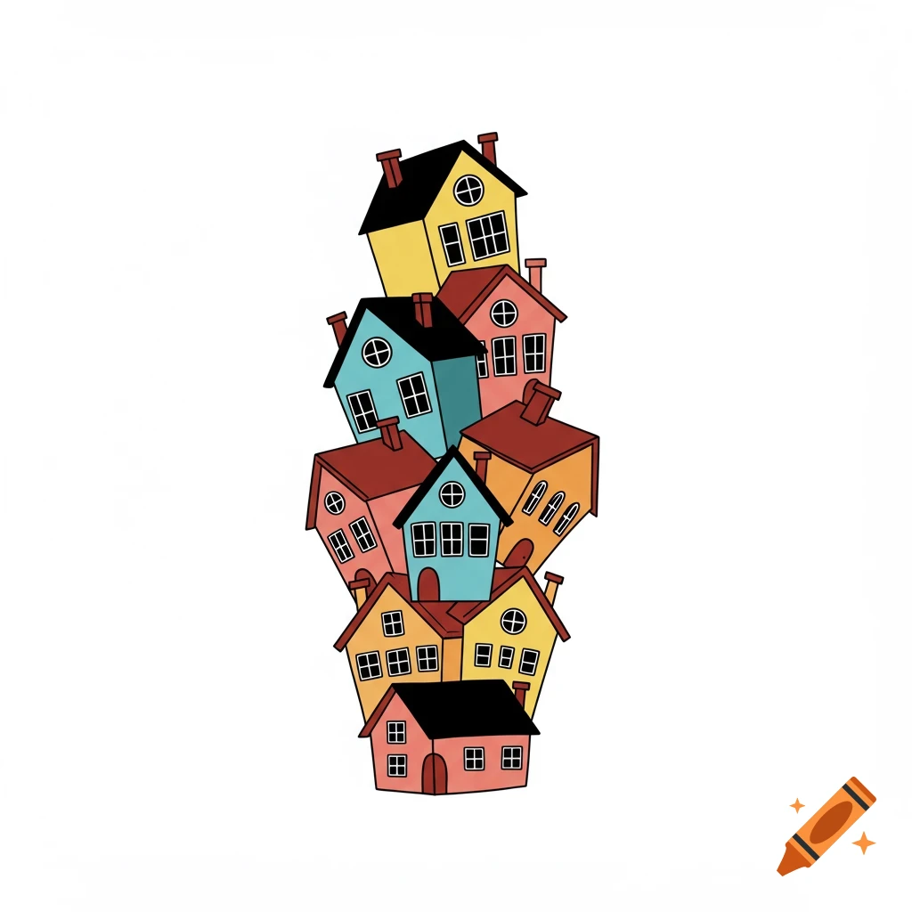 A stack of colorful, tilted houses in a clip art style on a white background.