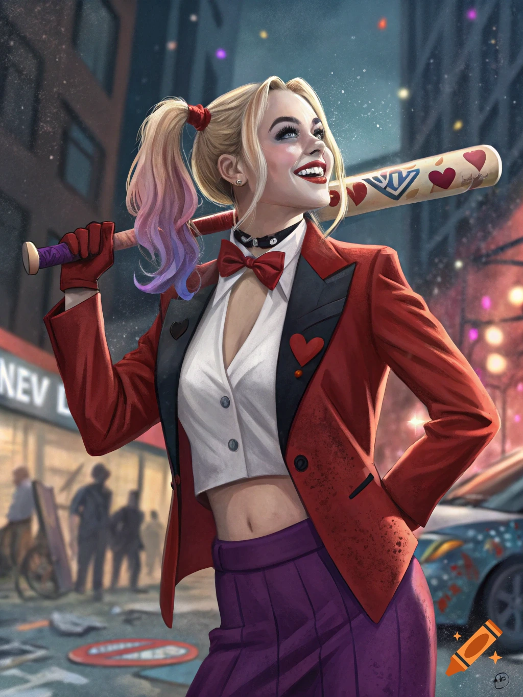 Digital illustration of Harley Quinn holding a baseball bat on a city street at night.