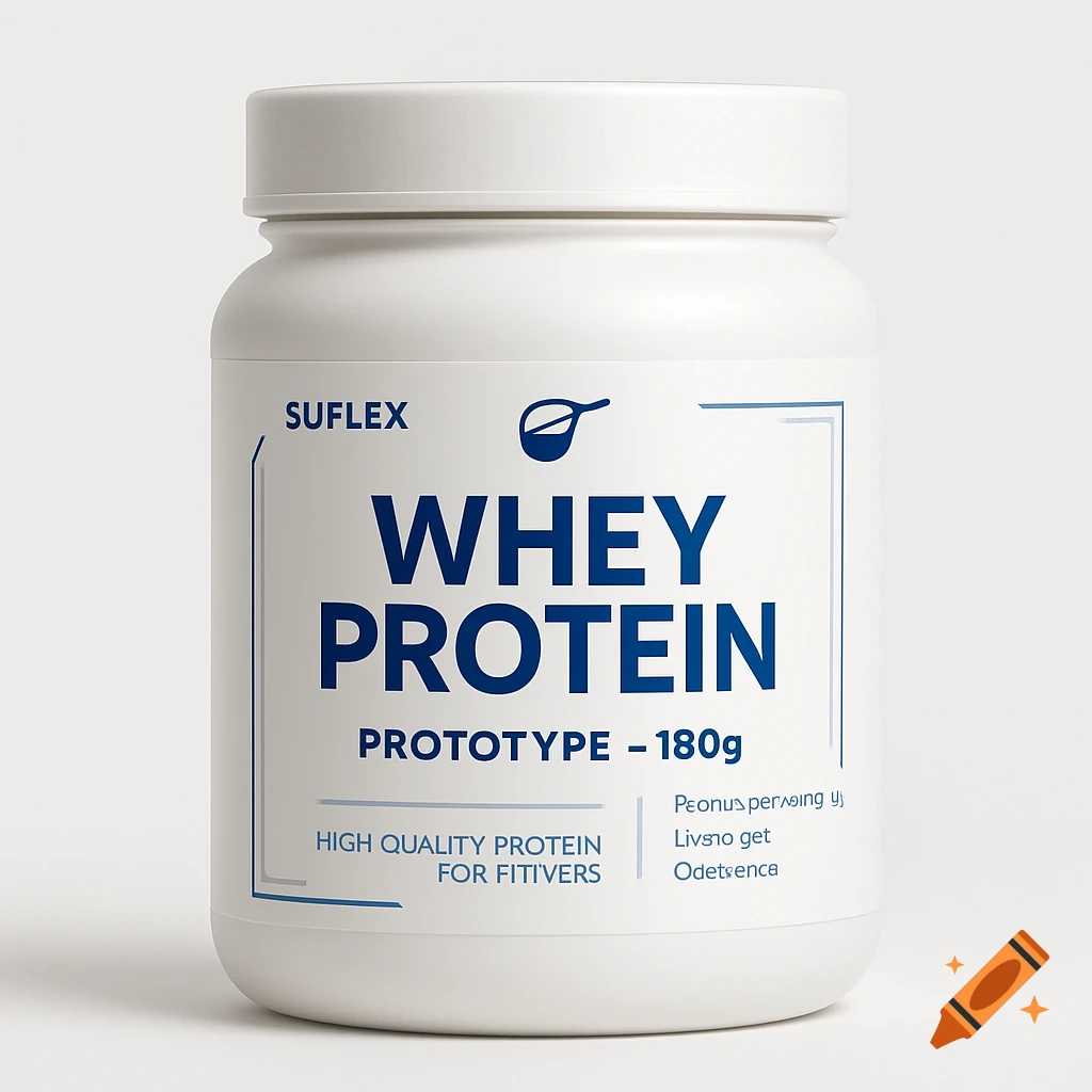 A white container of whey protein powder with blue lettering on a white background.