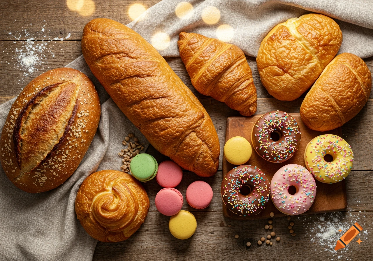 Overhead view of assorted bakery goods including bread, croissants, donuts, and macarons on a wooden table.