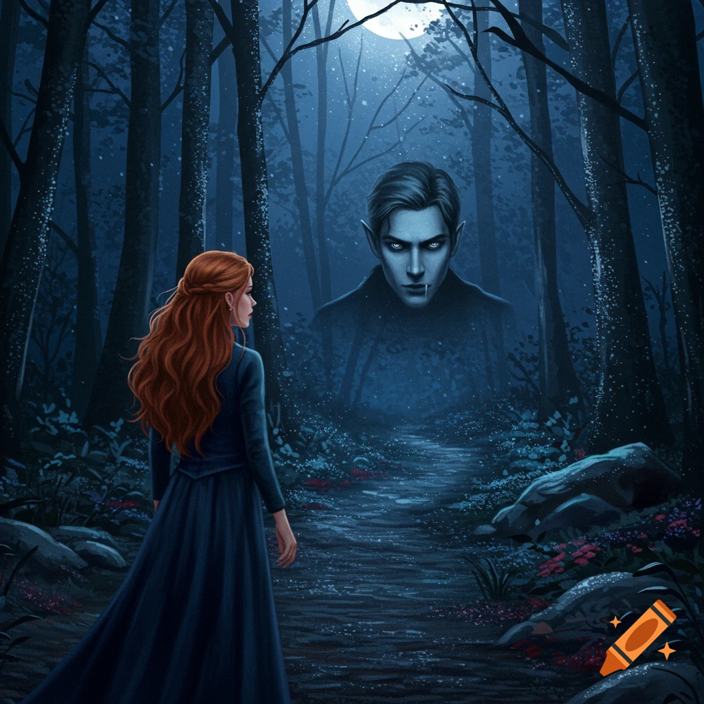 Stylized painting of a woman looking at a looming vampire in a dark forest under a full moon.