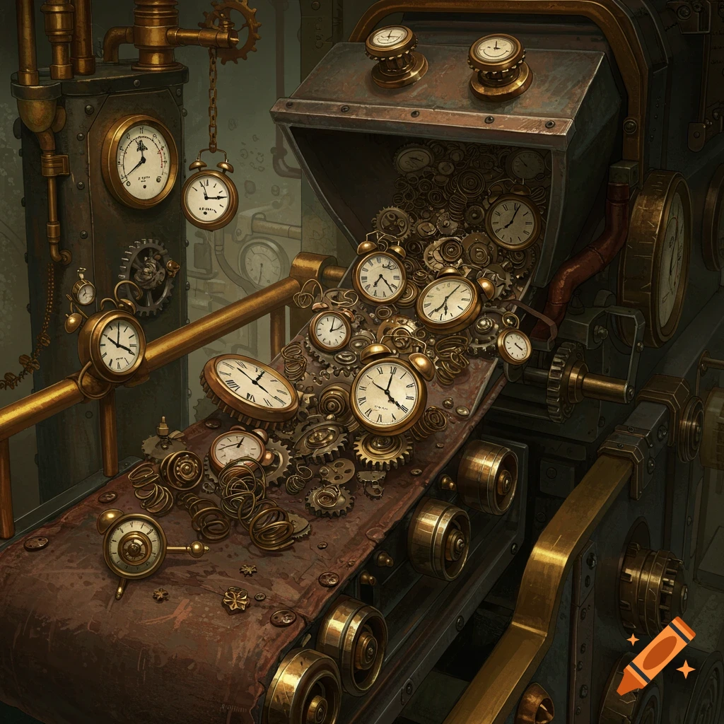 A detailed steampunk machine with gears, springs, and clocks moving along a conveyor belt from a hopper.