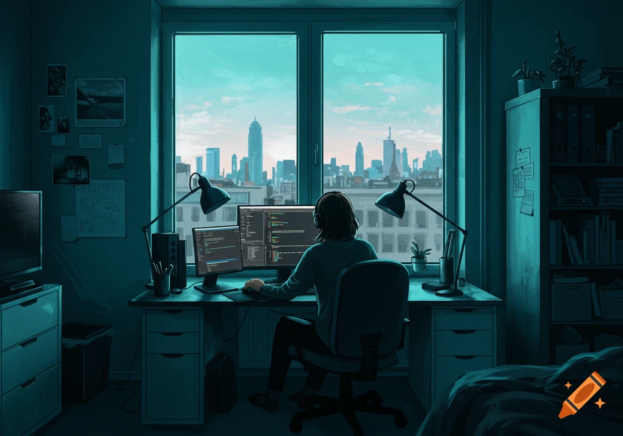 Person coding at a desk with two monitors, looking out a window at a city skyline, digital art.