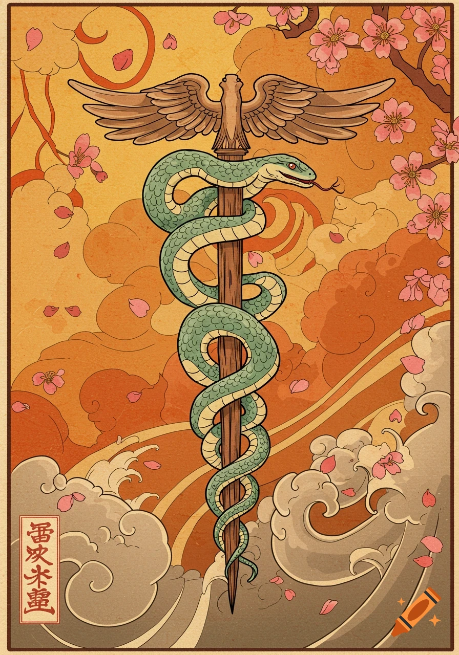 Japanese style art of a caduceus with a snake and wings, set against a background of stylized clouds, waves, and cherry blossoms with falling petals.