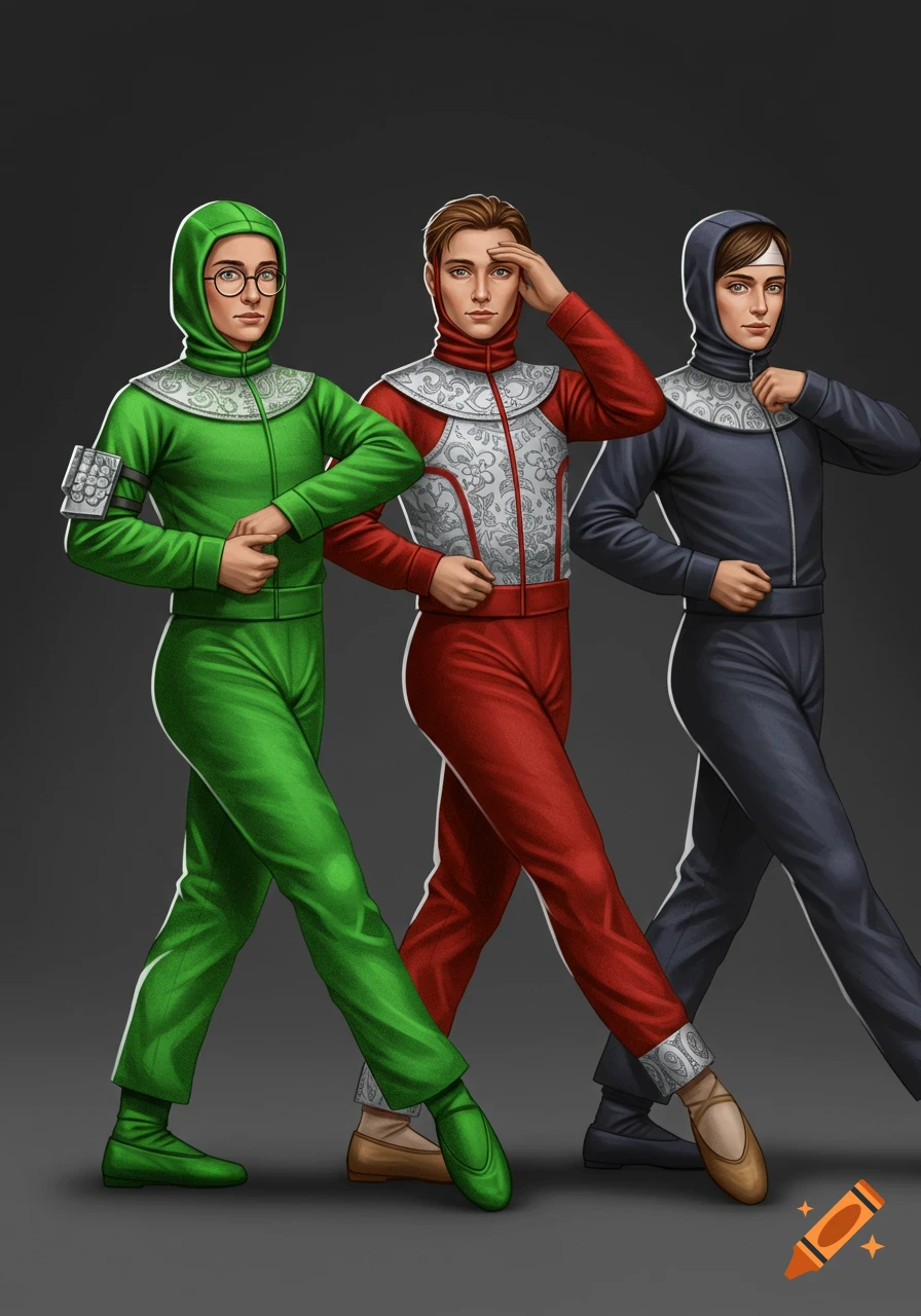 Three men in green, red, and blue dance costumes pose on a dark background.