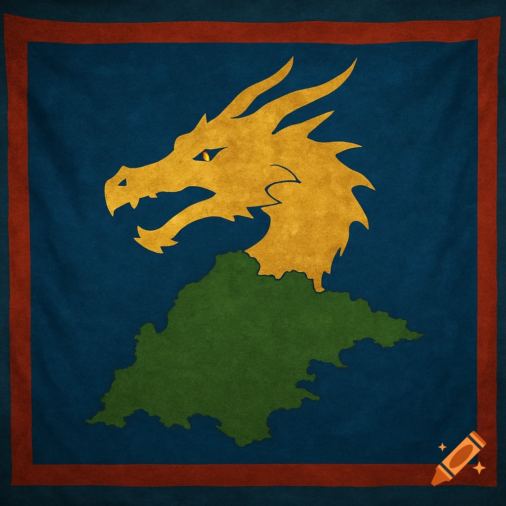 Stylized flag with golden dragon head over a green landmass on blue with red border