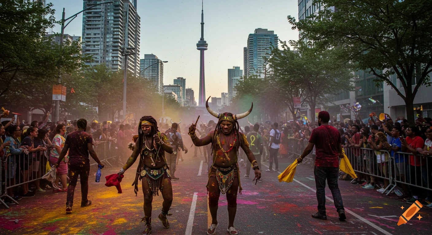 People in costumes dance on a street covered in colorful powder during a festival in Toronto, with the CN Tower in background.