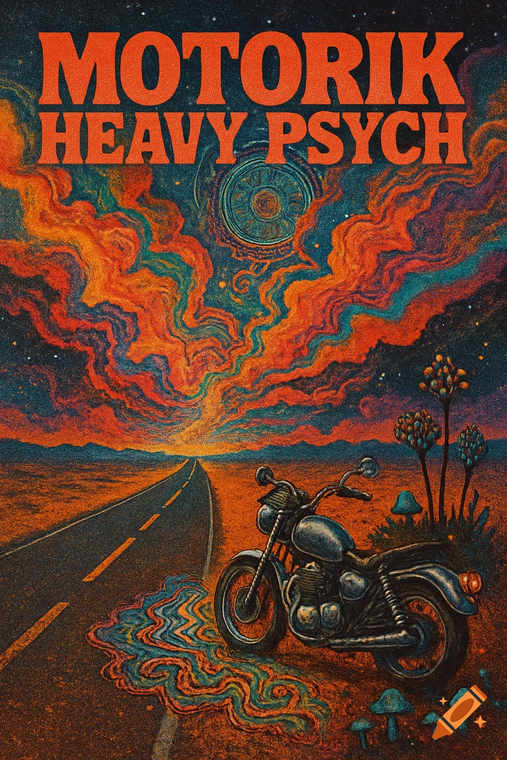 Psychedelic album cover art of a motorcycle on a road under a swirling cosmic sky, text 'Motorik Heavy Psych'.