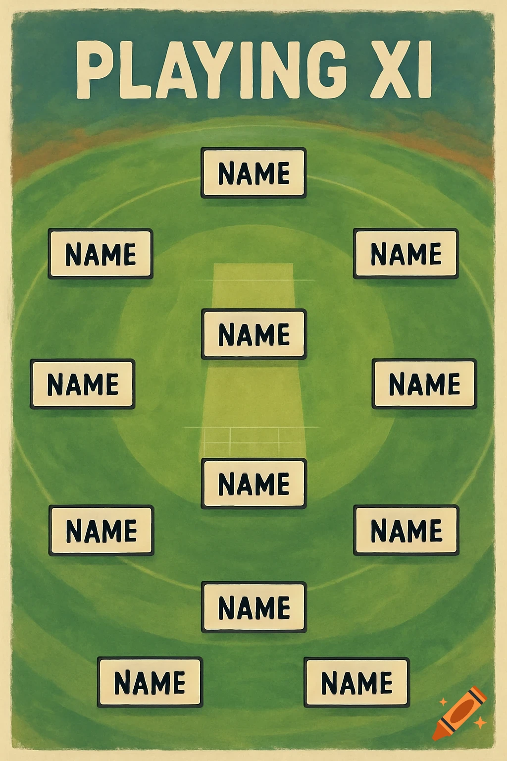 Cricket team lineup template showing a stylized field with 'PLAYING XI' title and eleven 'NAME' cards.