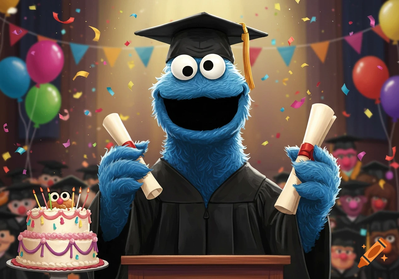 Cookie Monster in graduation gown holding diplomas with cake and confetti