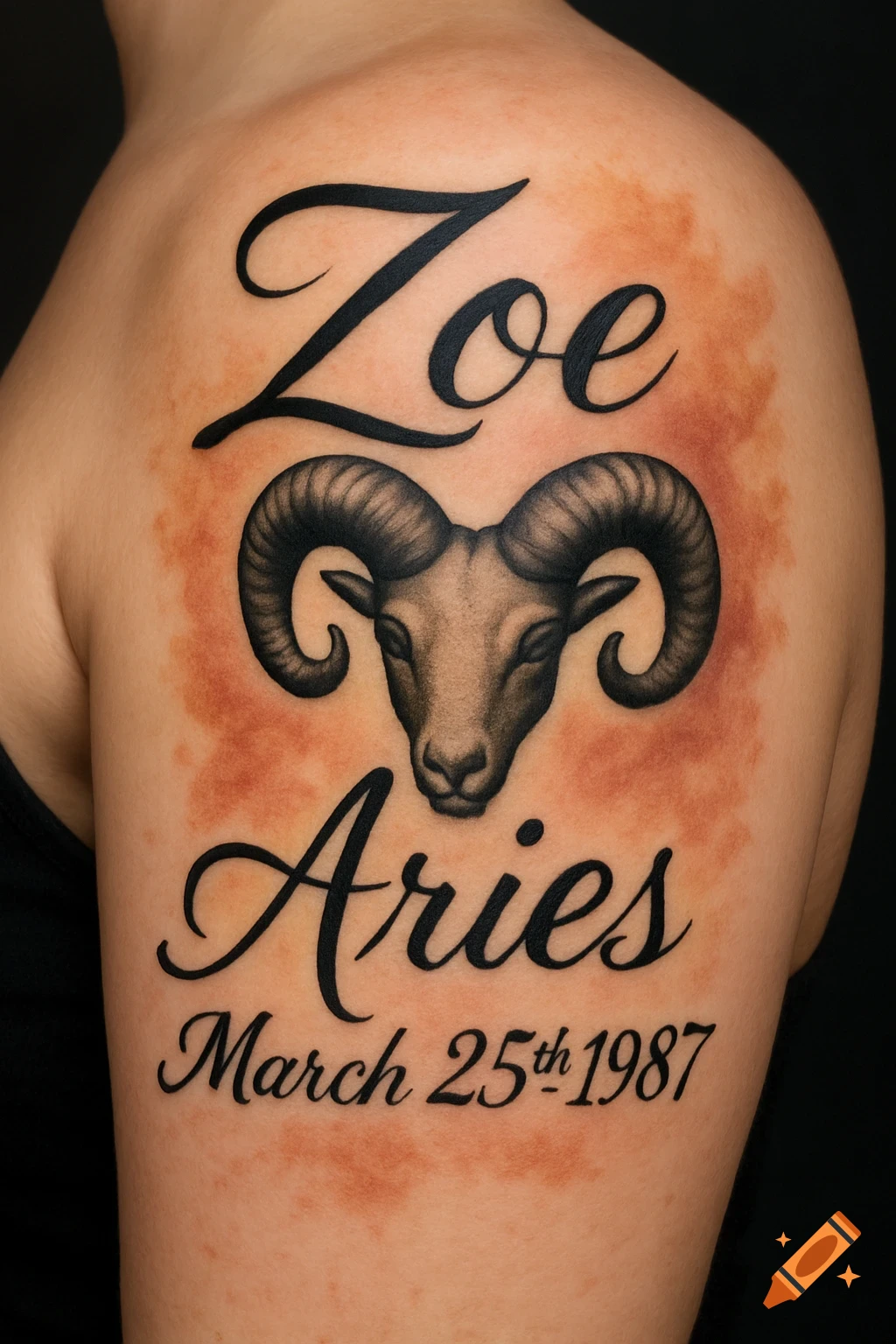 Tattoo on a shoulder with text 'Zoe Aries March 25th 1987' and a ram's head.