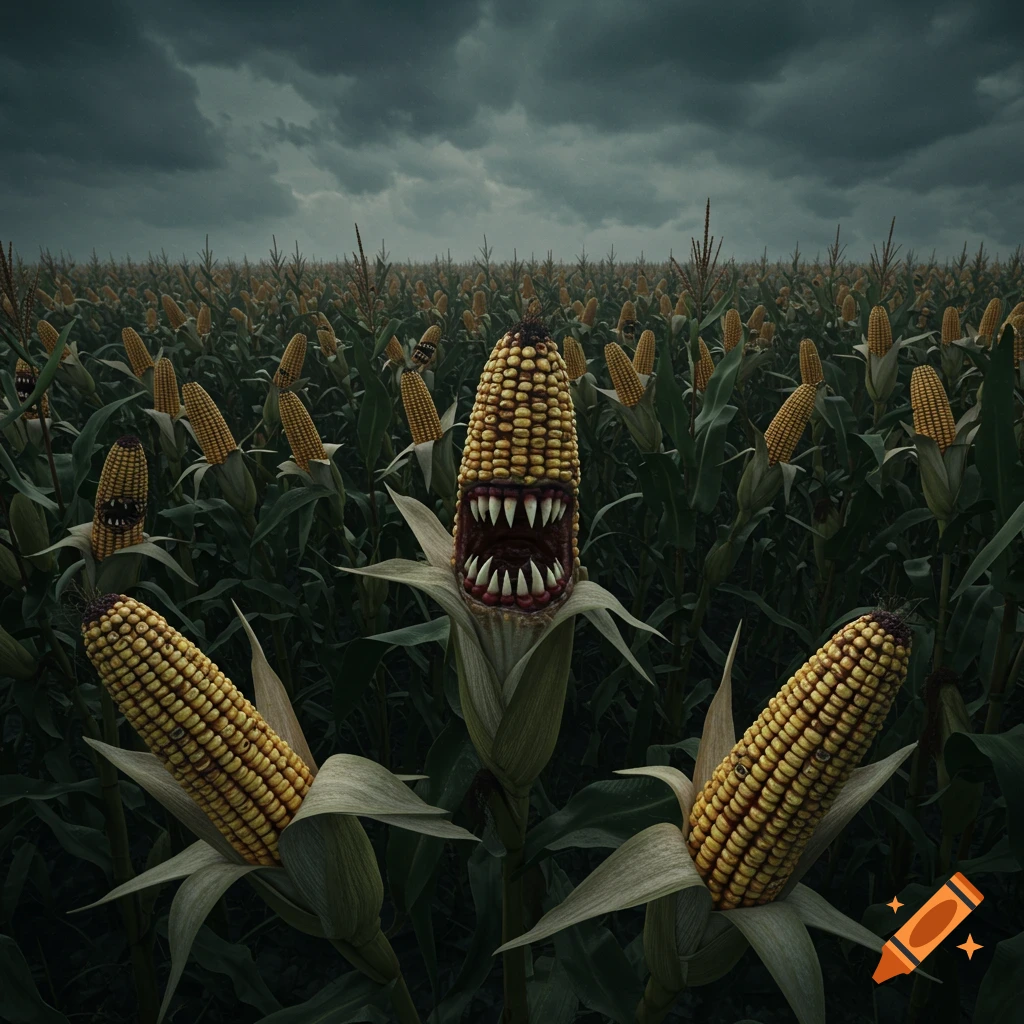 Creepy corn cobs with sharp teeth stand in a field under a dark, cloudy sky.