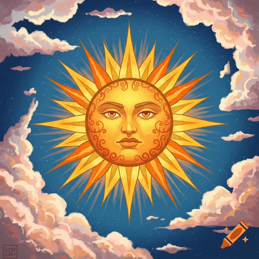 Illustration of a sun with a face surrounded by clouds in a blue sky.