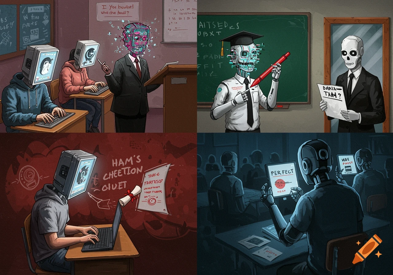 Robots with monitors for heads are in a classroom. One is teaching, others are at desks, and one holds a test labeled 'PERFECT'.