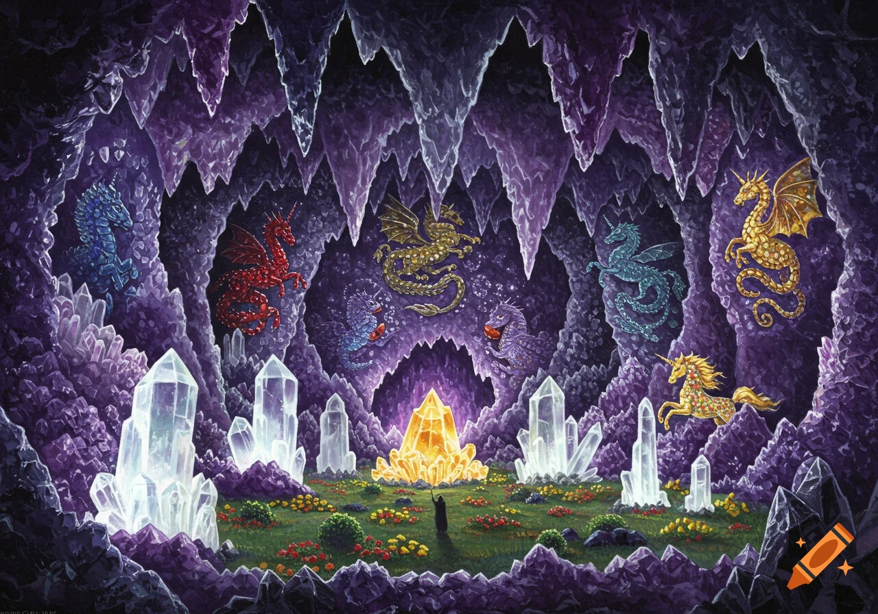 Fantasy art of a figure in a glittering amethyst cave with crystals and gem-like dragons and unicorns on the walls.