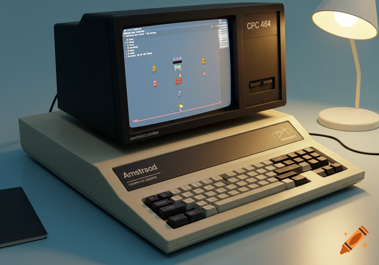 A close-up of a vintage Amstrad CPC 464 computer with monitor, keyboard, lamp, and notebook on a desk.