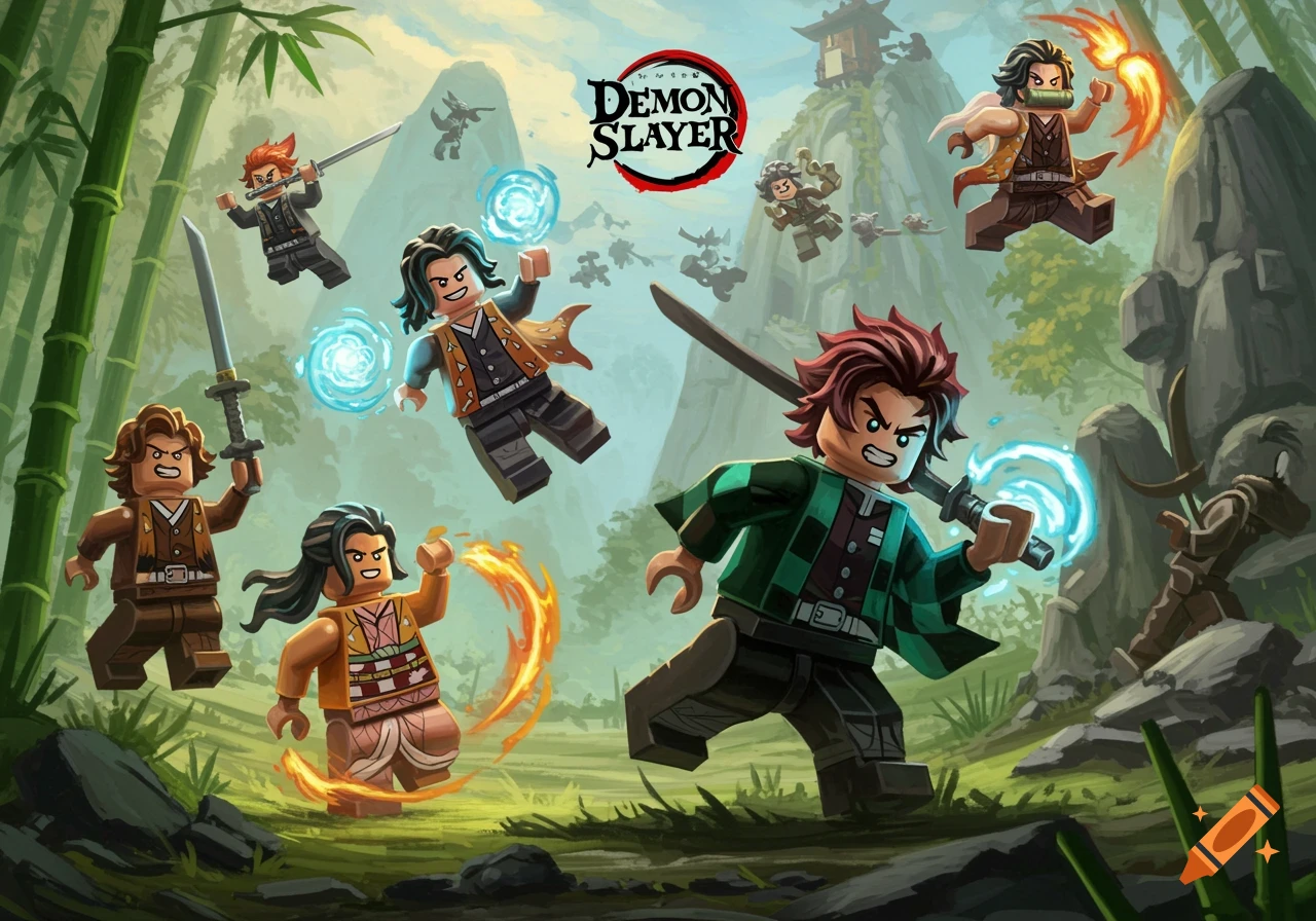 LEGO Demon Slayer characters in a painted bamboo forest landscape, showing action poses and special effects.