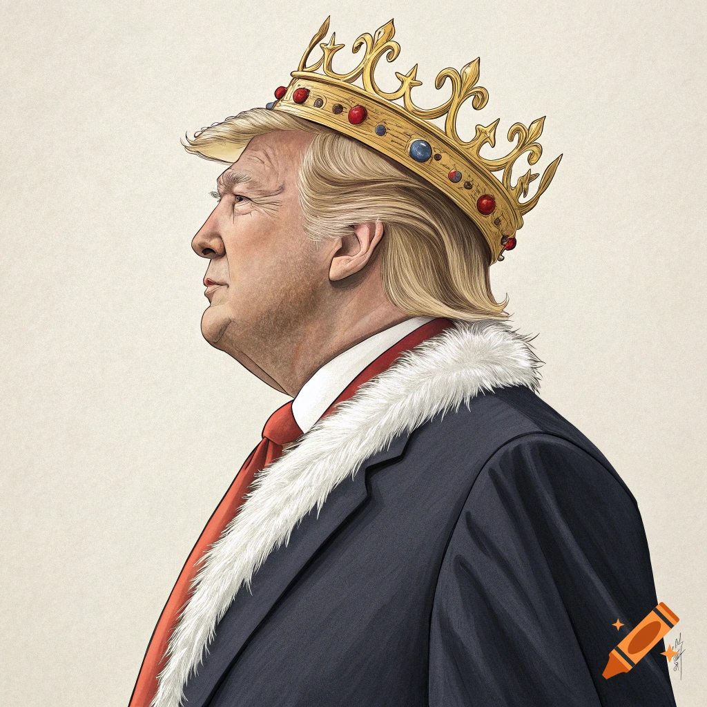 Illustration of Donald Trump in profile, wearing a golden crown and a dark suit with a white fur collar.