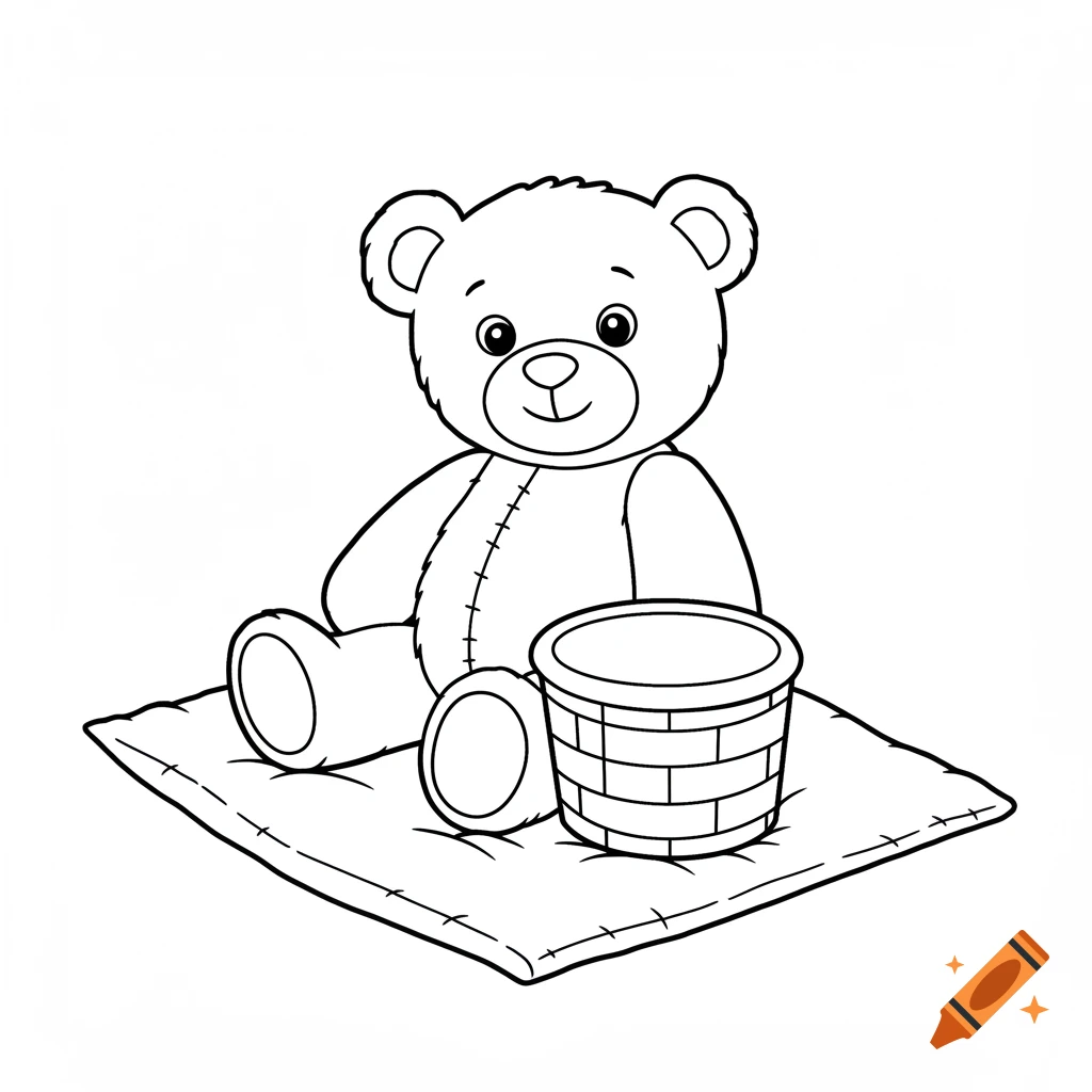 Coloring page of a teddy bear sitting on a mat with a basket