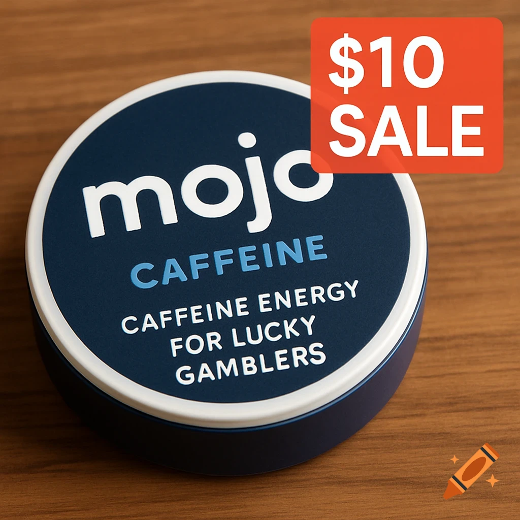 Round blue and white tin of Mojo Caffeine on wood surface with red $10 SALE tag.