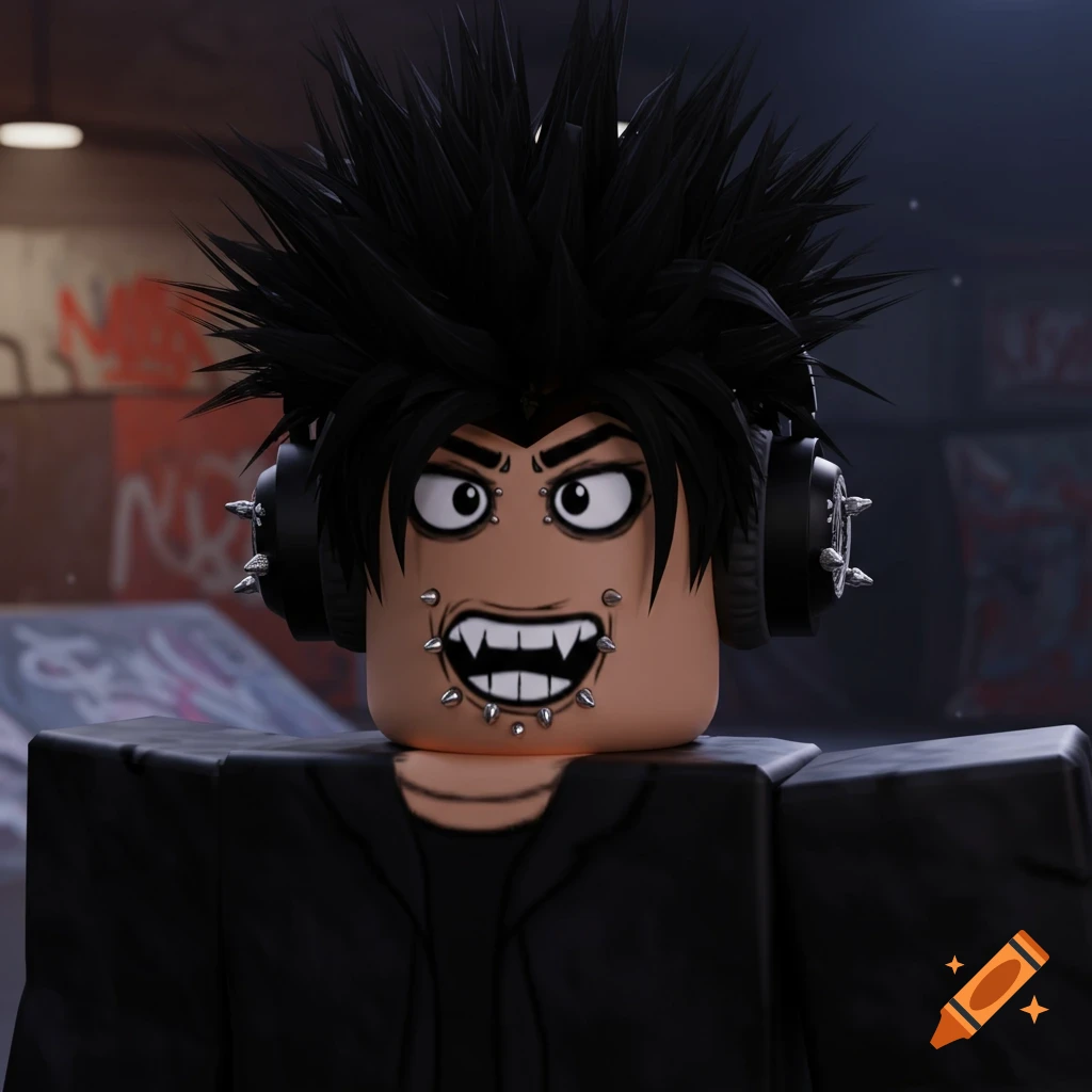 Close-up portrait of a Roblox avatar with spiky black hair, facial piercings, and sharp teeth, wearing headphones and a black jacket, against a graffiti background.