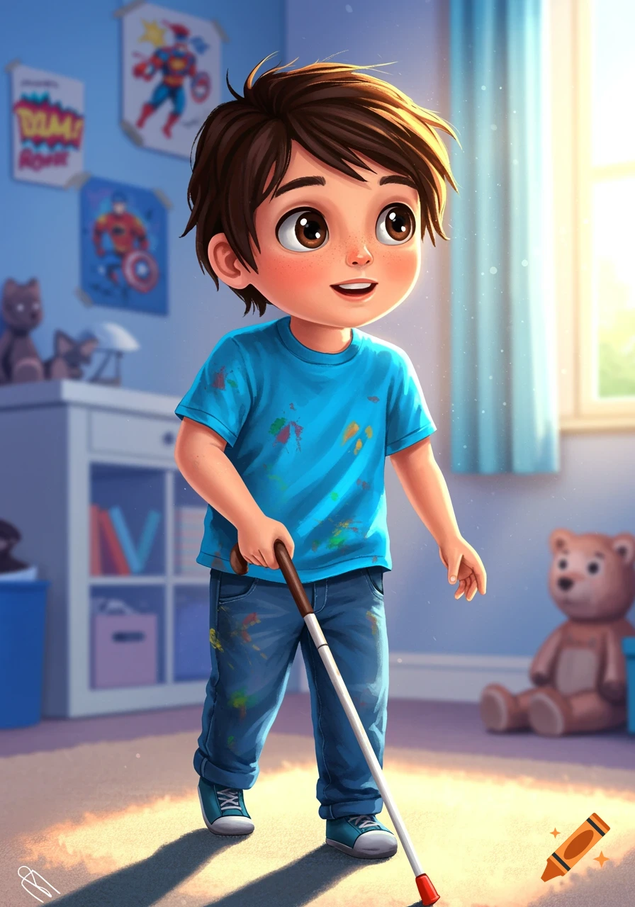 Cartoon illustration of a boy learning to use a white walking cane in a bedroom.