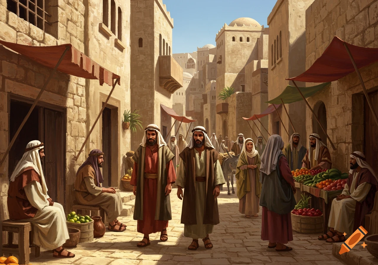 Crowded street market in an ancient city with robed figures selling goods
