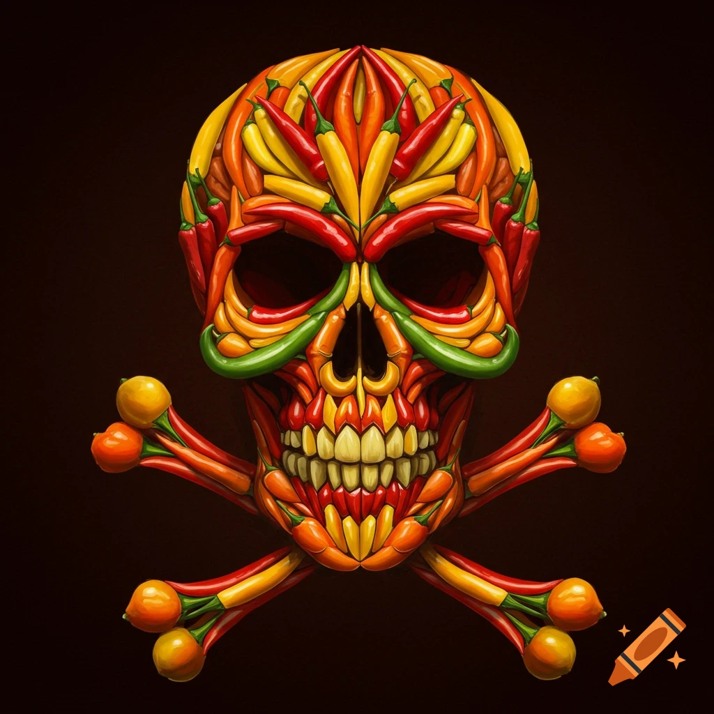 Skull and crossbones made of colorful hot peppers, illustration style