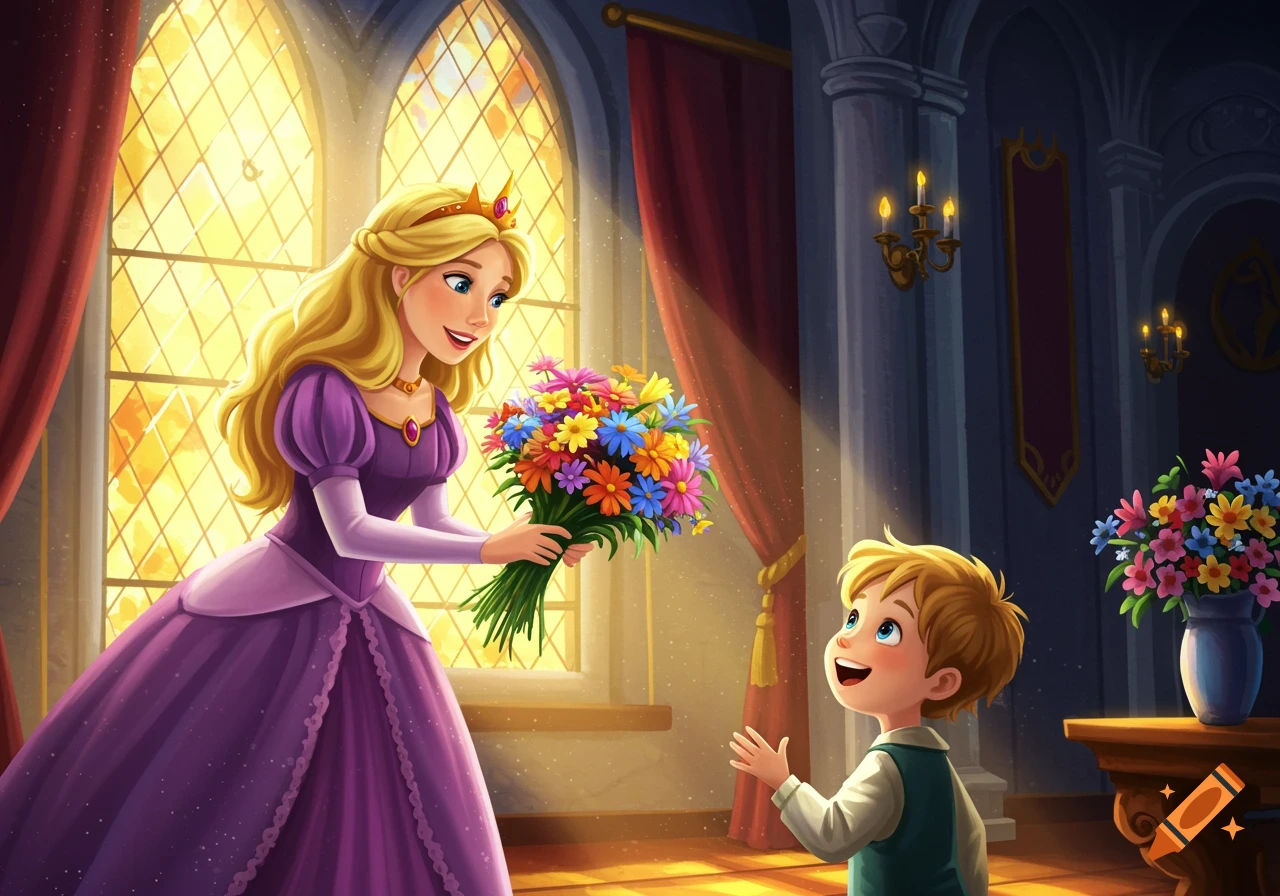 Illustration of a princess in a purple dress giving a bouquet of flowers to a boy in a castle.