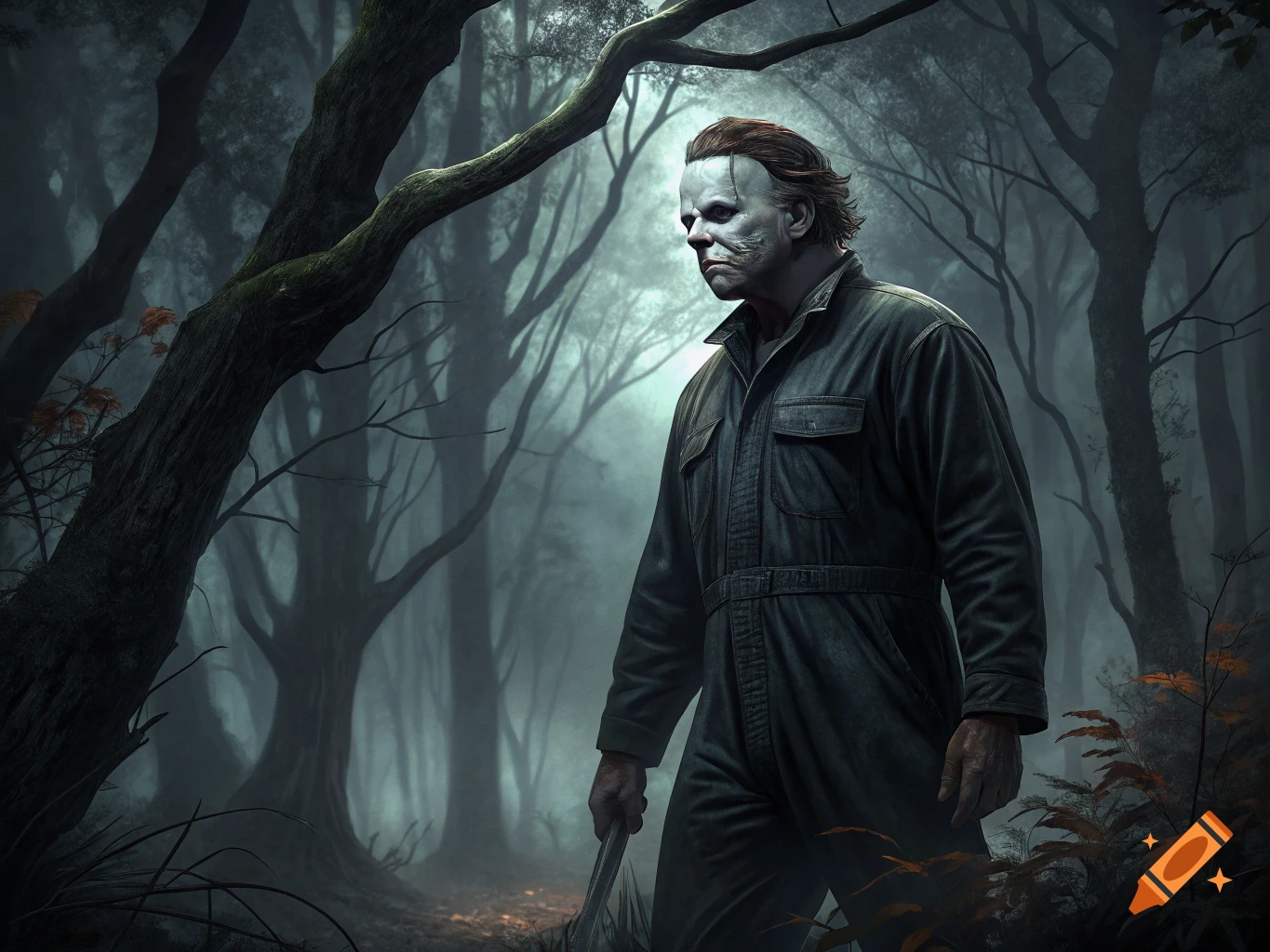 A man in a white mask and dark jumpsuit stands in a dark, foggy forest holding a knife.