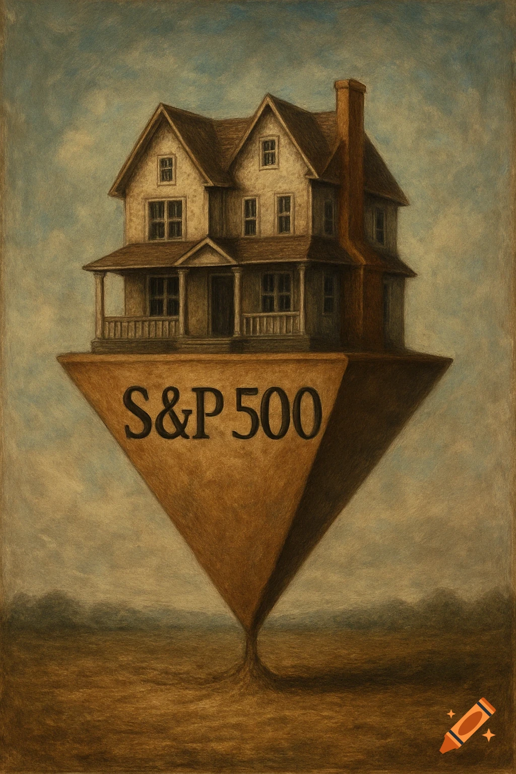 A surreal painting of a house balanced on an upside-down pyramid labeled S&P 500, rooted to the ground.