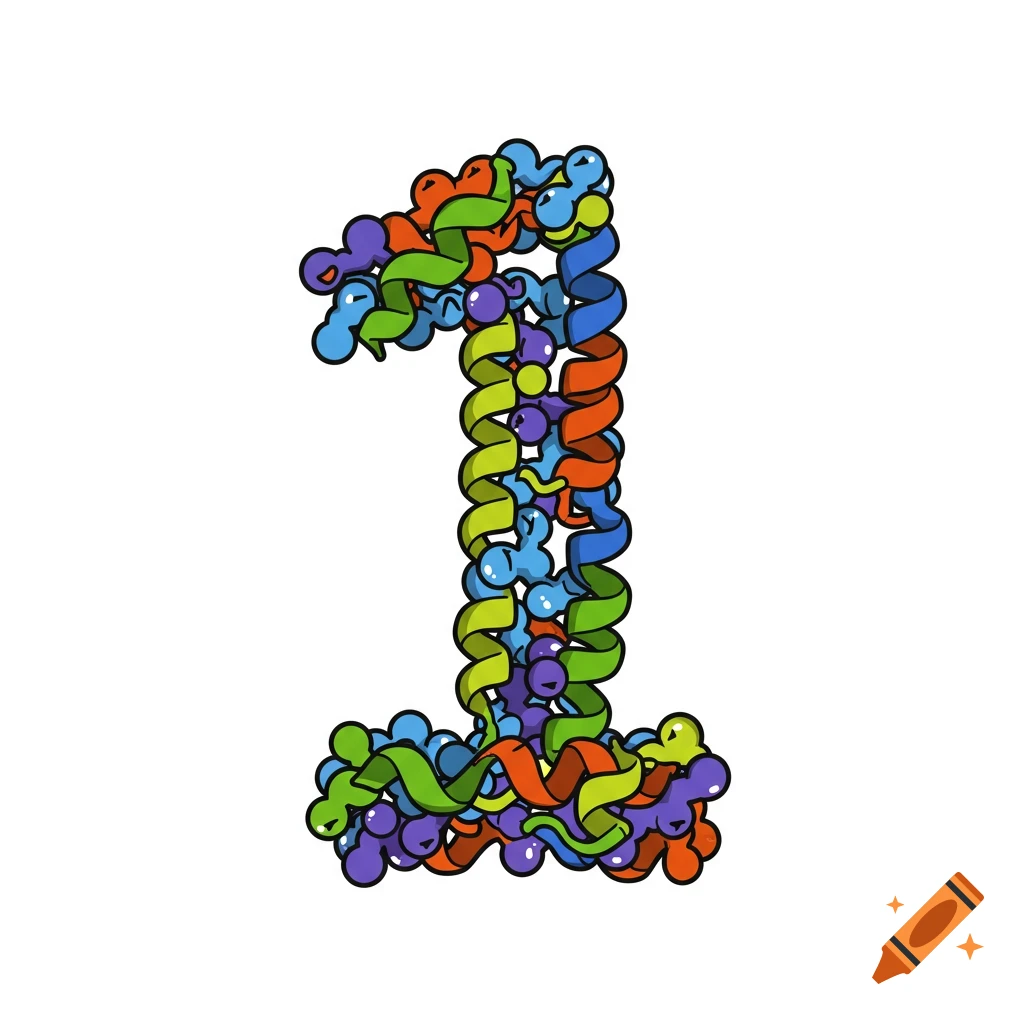 Clipart illustration of the number 1 made of colorful biological protein shapes.