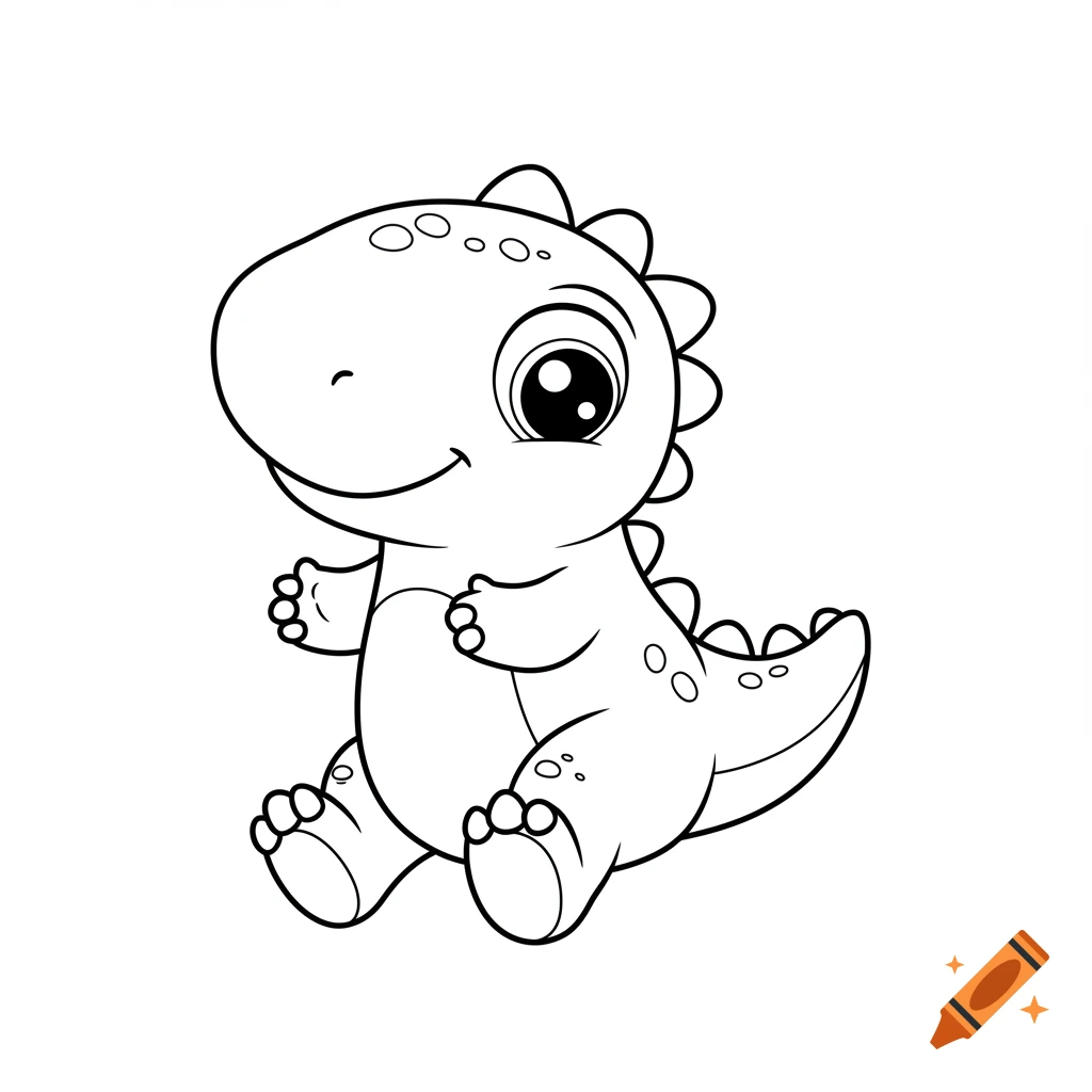 Black and white line drawing of a cute baby dinosaur coloring page