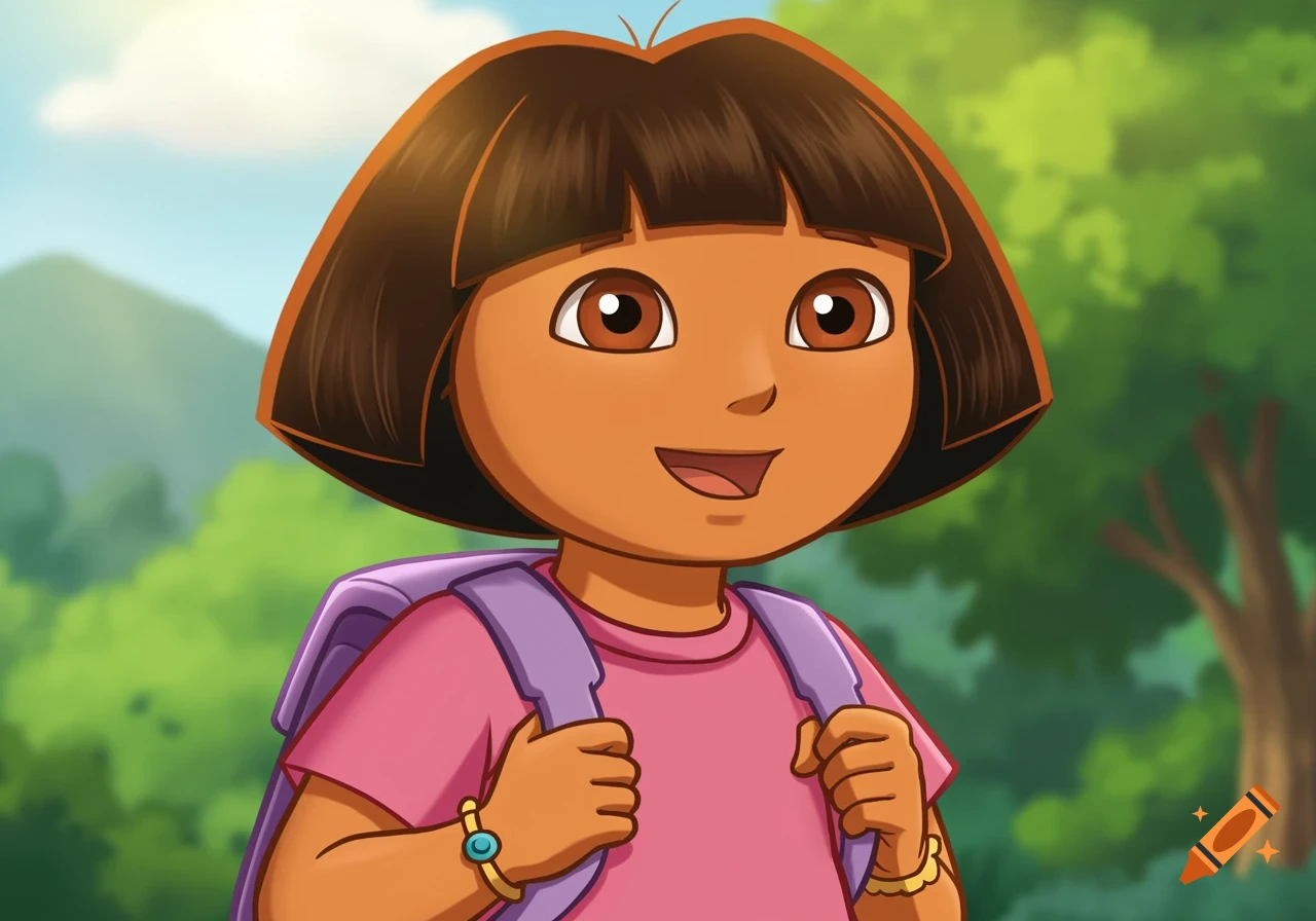 Cartoon character Dora the Explorer smiles, wearing a pink shirt and purple backpack in an outdoor setting.
