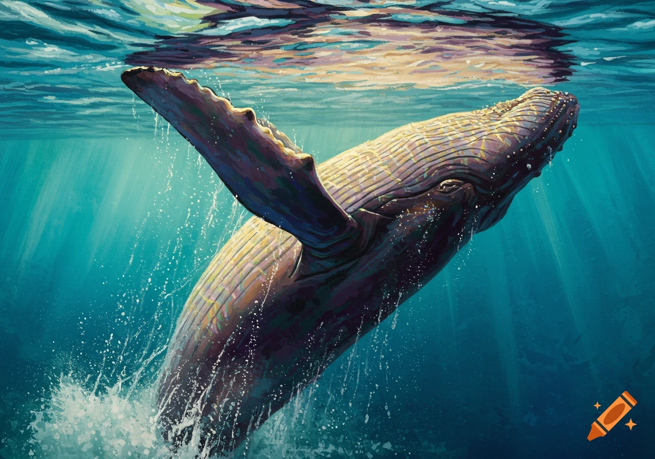 Painted humpback whale swimming underwater with light rays filtering from the surface.