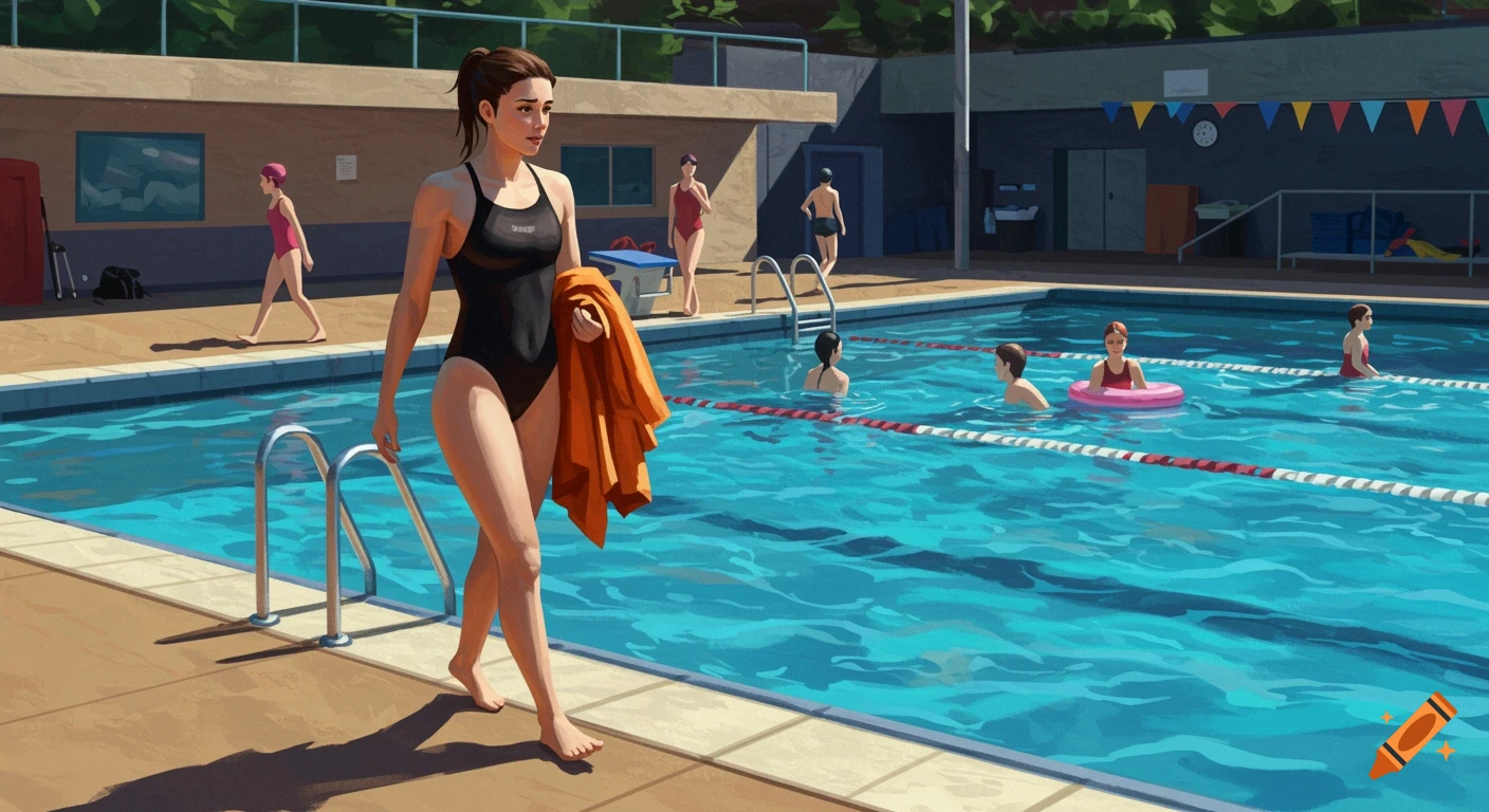 Digital painting of a woman walking away from a swimming pool with other people in the water.