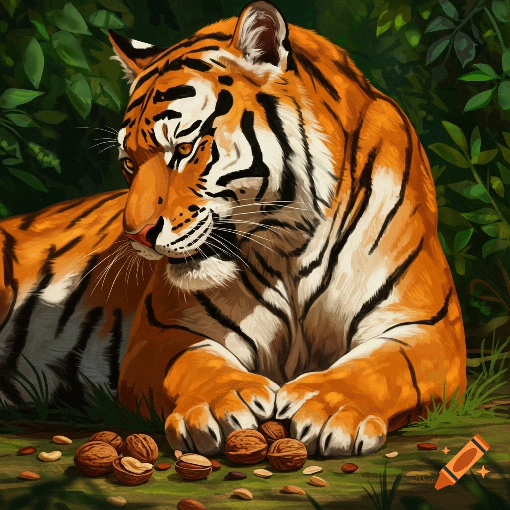 A painted tiger crouches among nuts in a jungle.