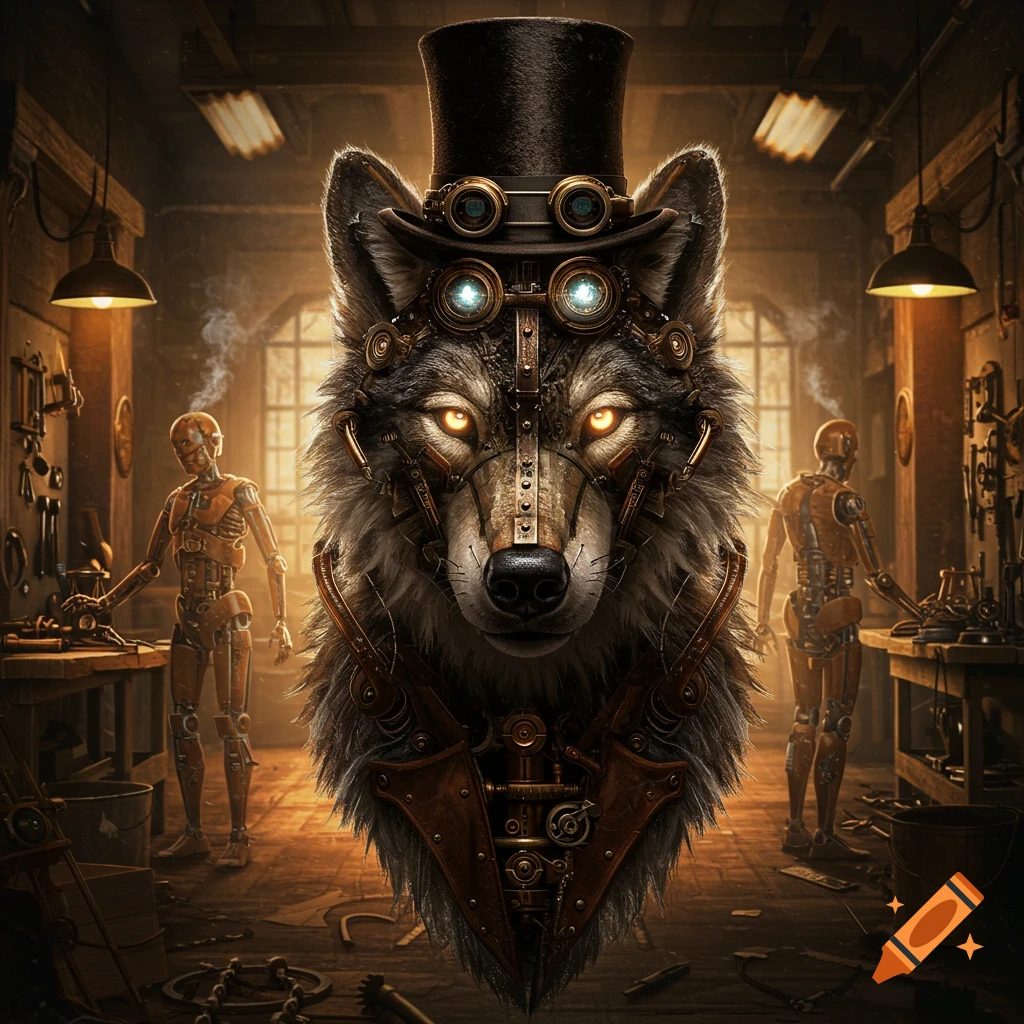 Steampunk wolf head with tophat and goggles in a mechanical workshop with robots