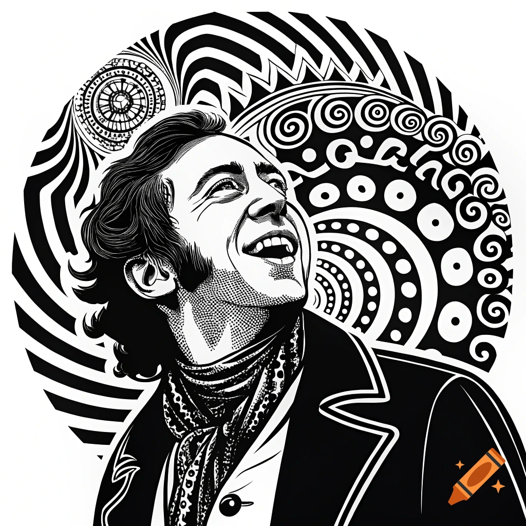 Black and white stencil portrait with psychedelic patterns