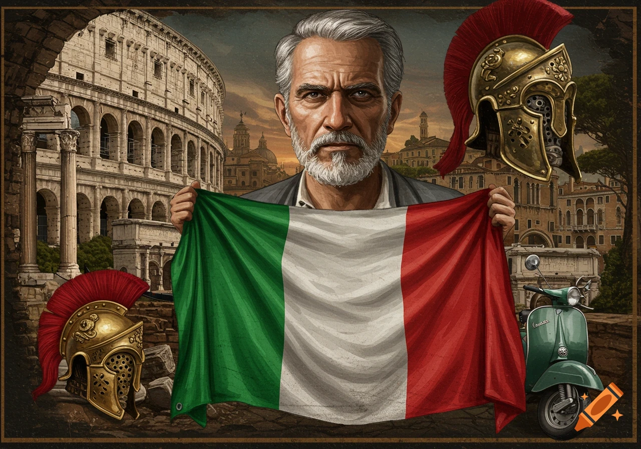 Man holding Italian flag in front of Roman Colosseum with helmets and Vespa.