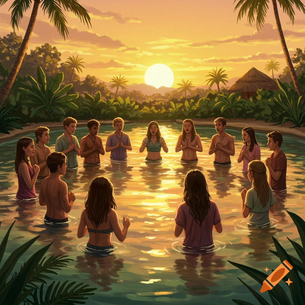 Group of young people performing a ritual in a tropical pool at sunset, palms trees in background.