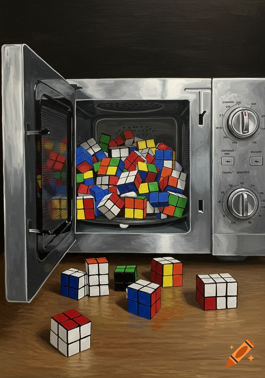 A microwave oven filled with Rubik's cubes, with more cubes scattered on the table.