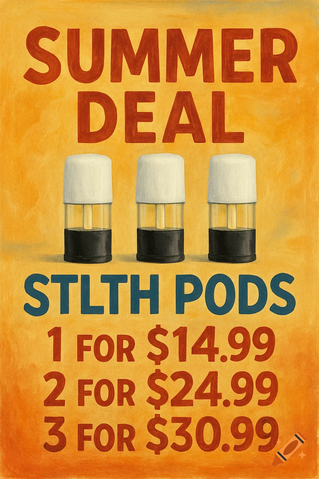 Textured poster advertising a summer deal on STLTH pods with prices for buying 1, 2, or 3 pods.