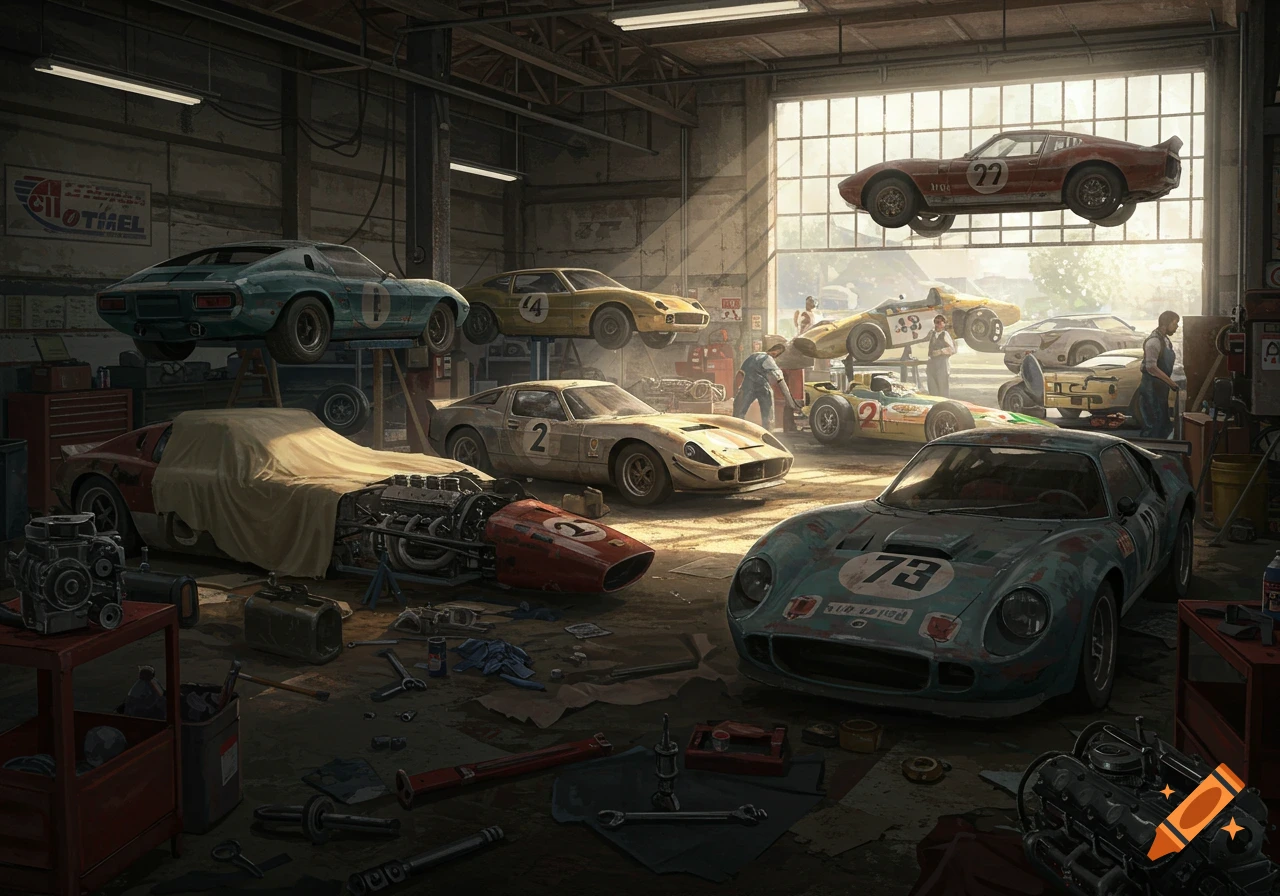 Illustrated scene of a vintage garage filled with classic racecars, some on lifts and others being restored.