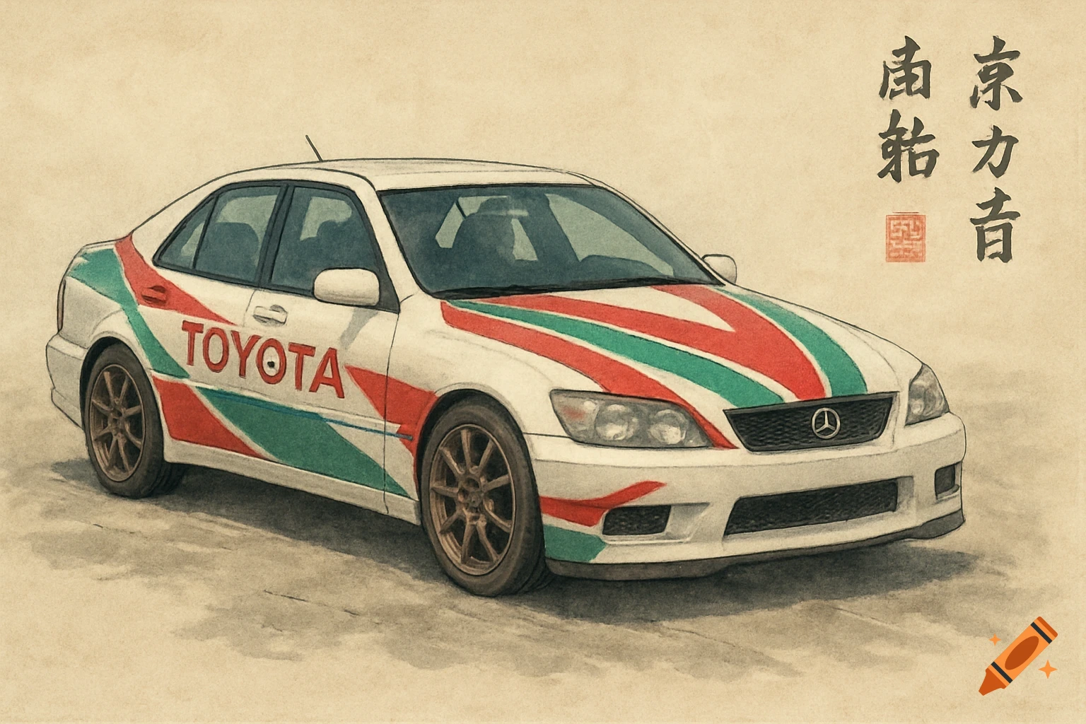 Watercolor illustration of a white Toyota/Lexus car with red and green racing stripes and Japanese calligraphy.
