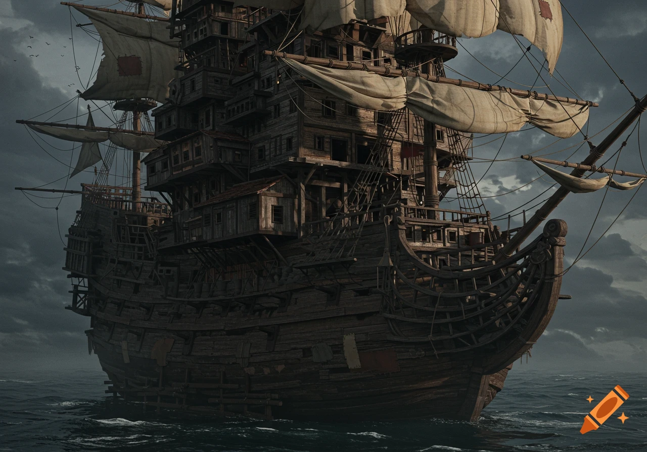 A large, ramshackle fantasy sailing ship on dark water under a moody sky.