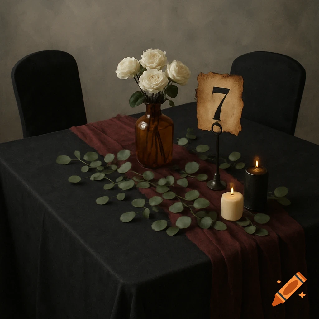 A table setting with white roses, candles, and a table number on a dark cloth.
