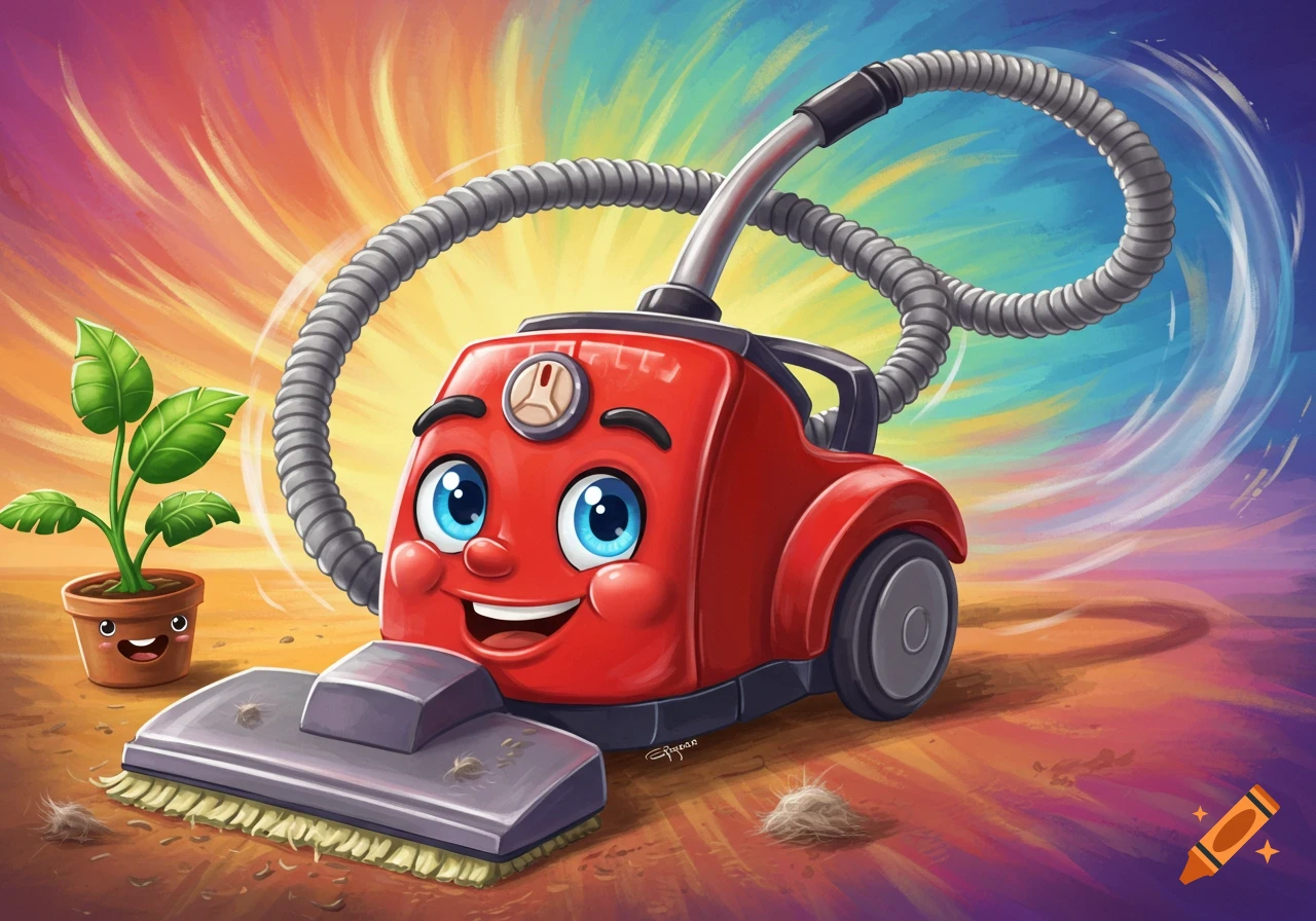 Cartoon red vacuum cleaner with a smiling face and a friendly plant in a pot, cleaning on a floor with a colorful sky background.