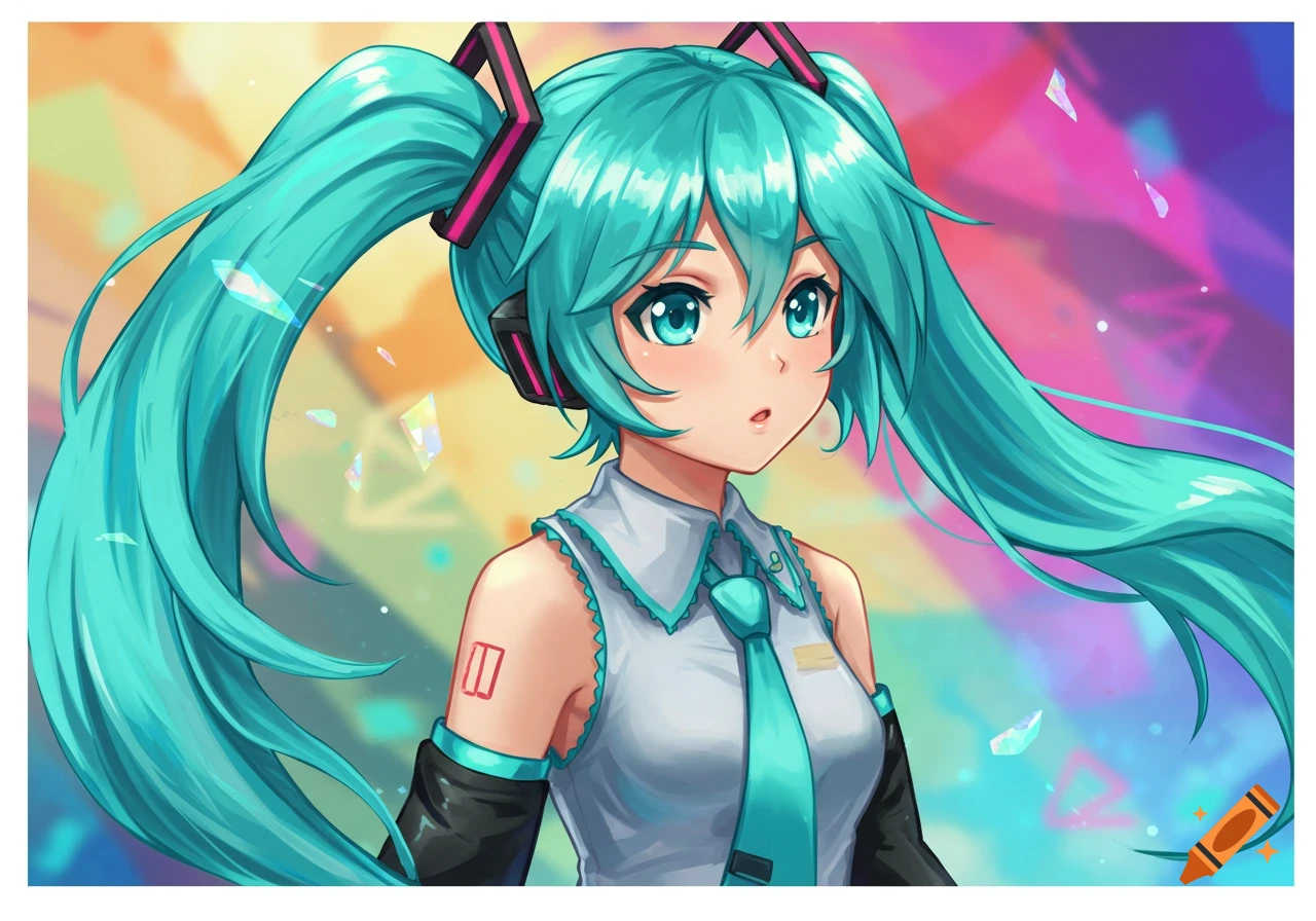 Anime drawing of Hatsune Miku with teal pigtails and futuristic background.